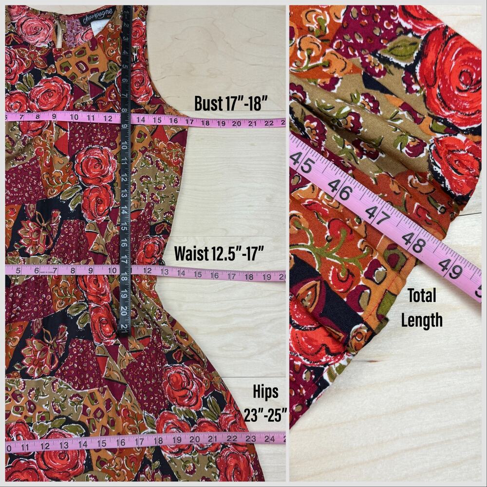 Vintage 1980s Sleeveless Floral and Patchwork Print Belted Midi Dress - Picture 7 of 7